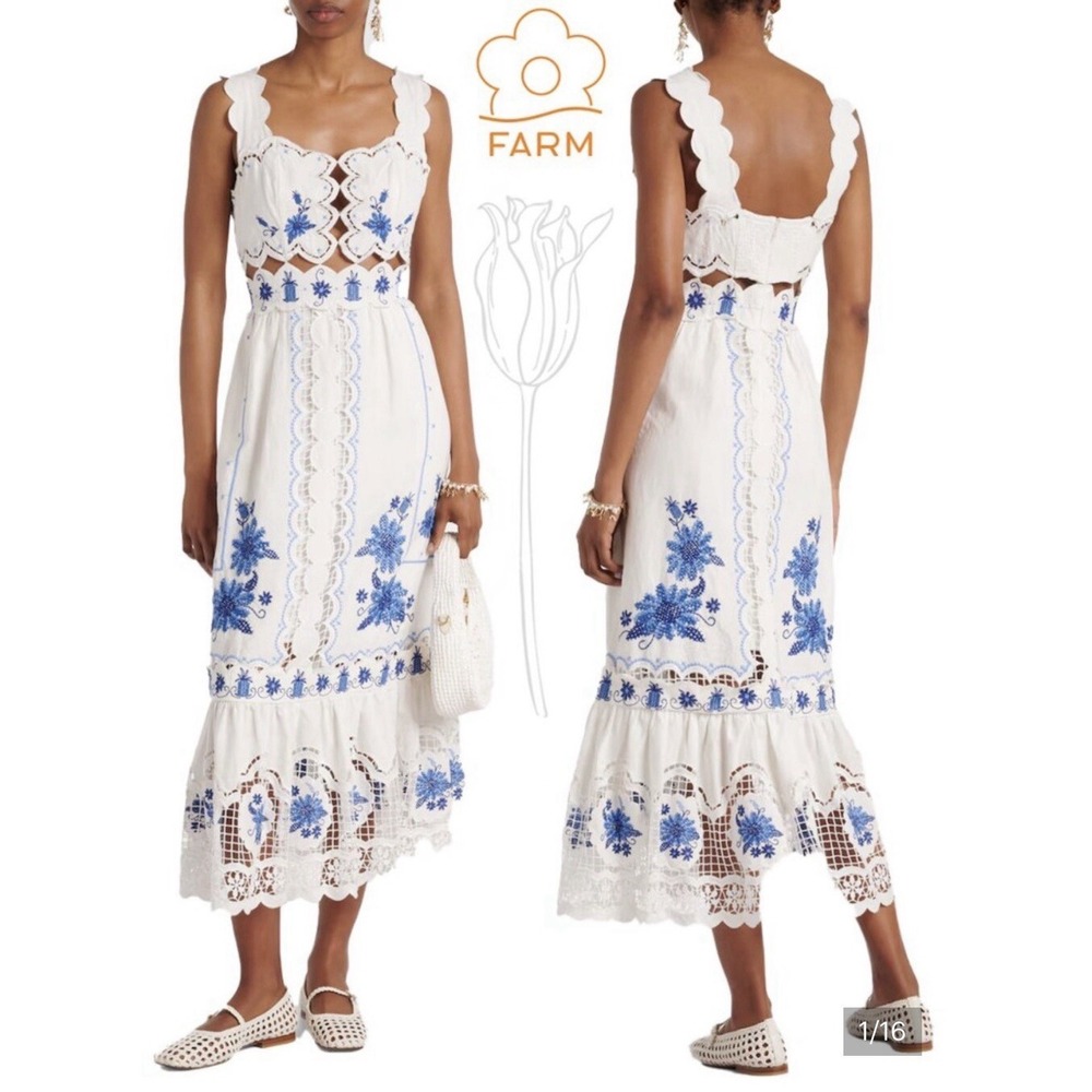 FARM Rio White Blue Embroidered Richelieu Lace Midi Maxi Dress M Floral Cutwork